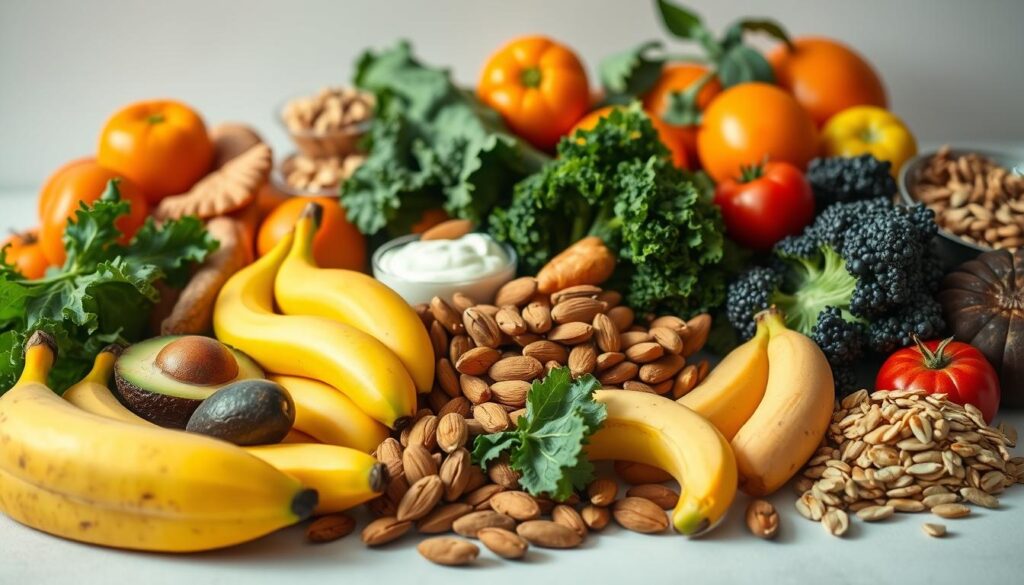 A bountiful still life arrangement of various potassium-rich foods, illuminated by soft, natural lighting. In the foreground, a selection of colorful, ripe bananas, avocados, and leafy kale. In the middle, roasted sweet potatoes, creamy yogurt, and crunchy almonds. In the background, a vibrant display of juicy oranges, plump tomatoes, and earthy pumpkin seeds. The composition is balanced and inviting, highlighting the diverse array of potassium-packed ingredients that can help alleviate headaches. A subtle, warm color palette and a shallow depth of field create a comforting, appetizing atmosphere.