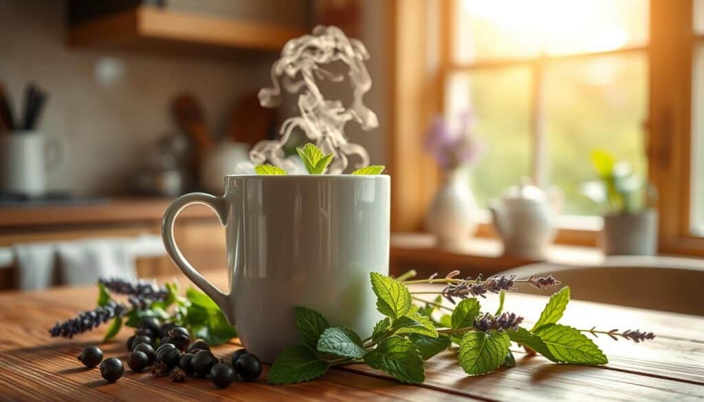 A cozy, well-lit kitchen scene with a steaming mug of peppermint tea on a wooden table. The mug is surrounded by fresh peppermint leaves, whole peppercorns, and a sprig of lavender, suggesting the soothing, aromatic properties of the tea. The lighting is soft and warm, creating a calming, tranquil atmosphere. In the background, there is a window overlooking a serene garden, further emphasizing the natural, restorative essence of the peppermint tea. The composition is balanced and visually appealing, inviting the viewer to savor the moment and experience the potential benefits of this soothing herbal infusion.