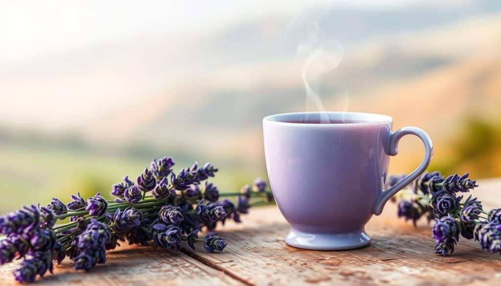A serene lavender tea scene with a delicate, aromatic steaming cup set atop a rustic wooden table. The cup's pale purple hue reflects the soft lighting, casting a warm, soothing glow. Sprigs of fresh lavender frame the cup, their vibrant purple hues and gentle textures adding a calming, natural element. The background features a blurred, out-of-focus landscape with rolling hills and a hazy, misty atmosphere, creating a sense of tranquility. The overall mood is one of peaceful relaxation, inviting the viewer to slow down, breathe deeply, and experience the calming properties of lavender tea.