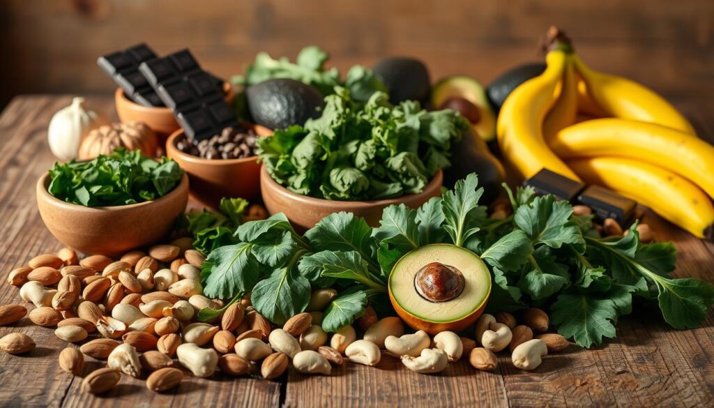 A still life photograph of an assortment of magnesium-rich foods arranged on a rustic wooden table. In the foreground, a variety of nuts including almonds, cashews, and Brazil nuts are elegantly scattered. In the middle ground, leafy greens such as spinach, kale, and swiss chard are displayed in earthenware bowls. In the background, avocados, bananas, and dark chocolate bars are positioned, creating a balanced and visually appealing composition. The lighting is warm and natural, casting soft shadows and highlighting the rich colors of the ingredients. The overall mood is one of health, wellness, and the nourishing power of nature's magnesium-dense offerings.