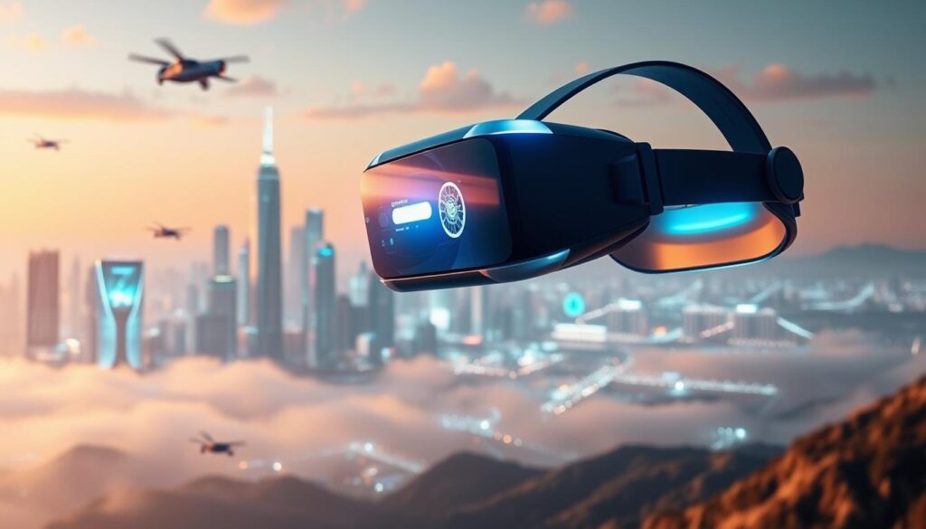 A breathtaking vista of the future of virtual reality, where the boundaries between the physical and digital worlds blur. In the foreground, a sleek and immersive VR headset floats, its display radiating an ethereal glow. The middle ground reveals a futuristic cityscape, skyscrapers adorned with holographic displays and flying vehicles gliding effortlessly through the air. In the background, a luminescent landscape pulses with the energy of a world transformed, where technology and nature coexist in perfect harmony. Soft, diffused lighting casts a warm, dreamlike atmosphere, inviting the viewer to imagine the boundless possibilities that lie ahead in this virtual realm.