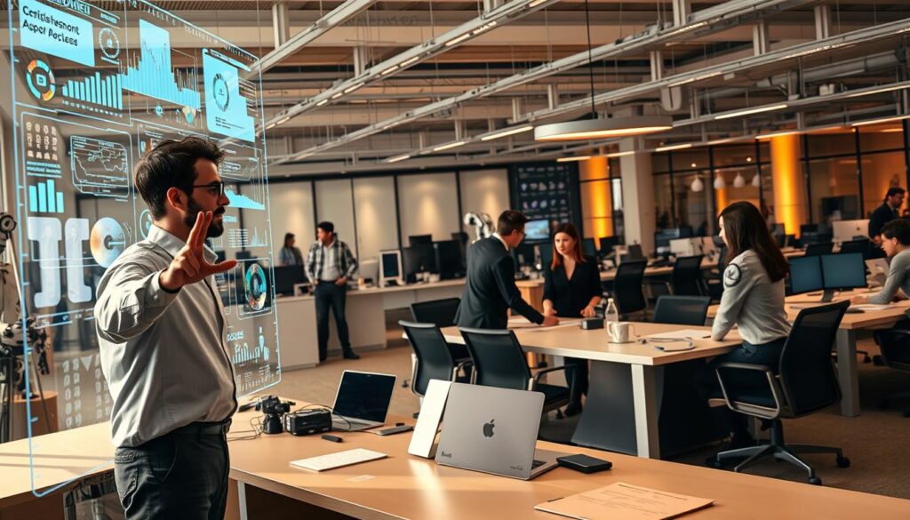 A bustling office scene with employees interacting with AI-powered technologies. In the foreground, a worker gestures towards a holographic display, immersed in data visualization. In the middle ground, a team collaborates around a sleek conference table, assisted by robotic scribes. The background features an array of autonomous desk assistants, intelligent workflow management systems, and networked workstations. Warm, focused lighting casts a sense of productive efficiency, while muted colors and clean lines convey a modern, technology-driven ambiance. The image should convey the seamless integration of artificial intelligence into the daily workings of the contemporary professional environment.