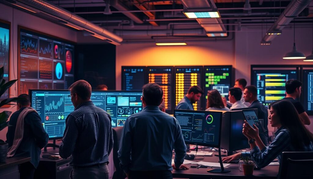 A bustling office scene, with professionals engaged in various machine learning techniques. In the foreground, a team huddled around a large monitor, deep in discussion over complex algorithms. The middle ground features an array of data visualization tools, charts, and graphs illuminating insights. In the background, a server rack hums softly, powering the computational muscle behind their endeavors. Warm lighting casts a vibrant glow, reflecting the collaborative energy of this enterprise-level machine learning workflow. Attention to detail in the technology, office furnishings, and body language conveys the professional setting and serious focus on optimizing business outcomes through the latest ML techniques.