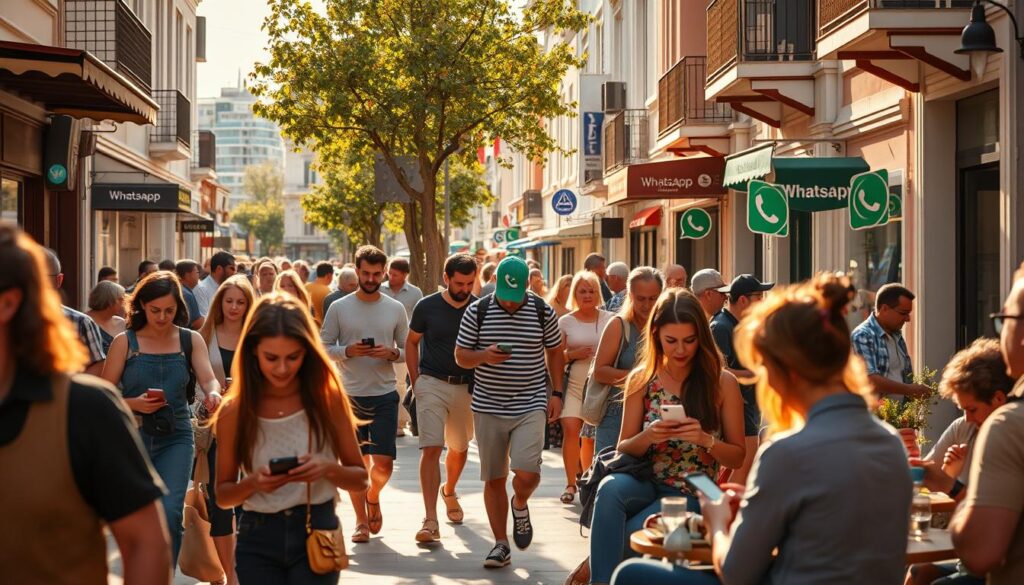 A bustling street in a vibrant Greek city, with people using their smartphones while walking, sitting in cafes, and interacting with each other. The scene is bathed in warm, golden sunlight, reflecting the Mediterranean atmosphere. In the foreground, a group of friends are engaged in a lively conversation, their body language and facial expressions conveying the importance of social connection. The middle ground features individuals texting on their WhatsApp-enabled devices, illustrating the integration of the messaging app into everyday Greek life. The background showcases the unique architecture and urban landscape, providing a sense of place and cultural context. A bustling street in a vibrant Greek city, with people using their smartphones while walking, sitting in cafes, and interacting with each other. The scene is bathed in warm, golden sunlight, reflecting the Mediterranean atmosphere. In the foreground, a group of friends are engaged in a lively conversation, their body language and facial expressions conveying the importance of social connection. The middle ground features individuals texting on their WhatsApp-enabled devices, illustrating the integration of the messaging app into everyday Greek life. The background showcases the unique architecture and urban landscape, providing a sense of place and cultural context.