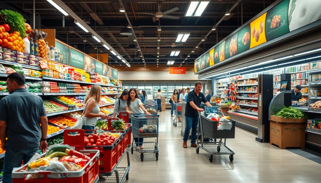 A bustling supermarket scene unfolds, with vibrant aisles of fresh produce and packaged goods set against the warm, inviting glow of overhead lighting. In the foreground, shoppers navigate their carts, their expressions of concentration and purpose reflected in the polished tile floors. In the middle ground, sleek checkout counters and self-serve kiosks suggest the efficiency and convenience of this modern grocery experience. Beyond, the background reveals the distinct atmosphere of a neighborhood grocery store, with its more modest shelves and the gentle hum of conversation. This image captures the contrast and nuance between the expansive supermarket and the more intimate, community-driven grocery, encapsulating the diverse options available for everyday sustenance and the perks they may offer. A bustling supermarket scene unfolds, with vibrant aisles of fresh produce and packaged goods set against the warm, inviting glow of overhead lighting. In the foreground, shoppers navigate their carts, their expressions of concentration and purpose reflected in the polished tile floors. In the middle ground, sleek checkout counters and self-serve kiosks suggest the efficiency and convenience of this modern grocery experience. Beyond, the background reveals the distinct atmosphere of a neighborhood grocery store, with its more modest shelves and the gentle hum of conversation. This image captures the contrast and nuance between the expansive supermarket and the more intimate, community-driven grocery, encapsulating the diverse options available for everyday sustenance and the perks they may offer.