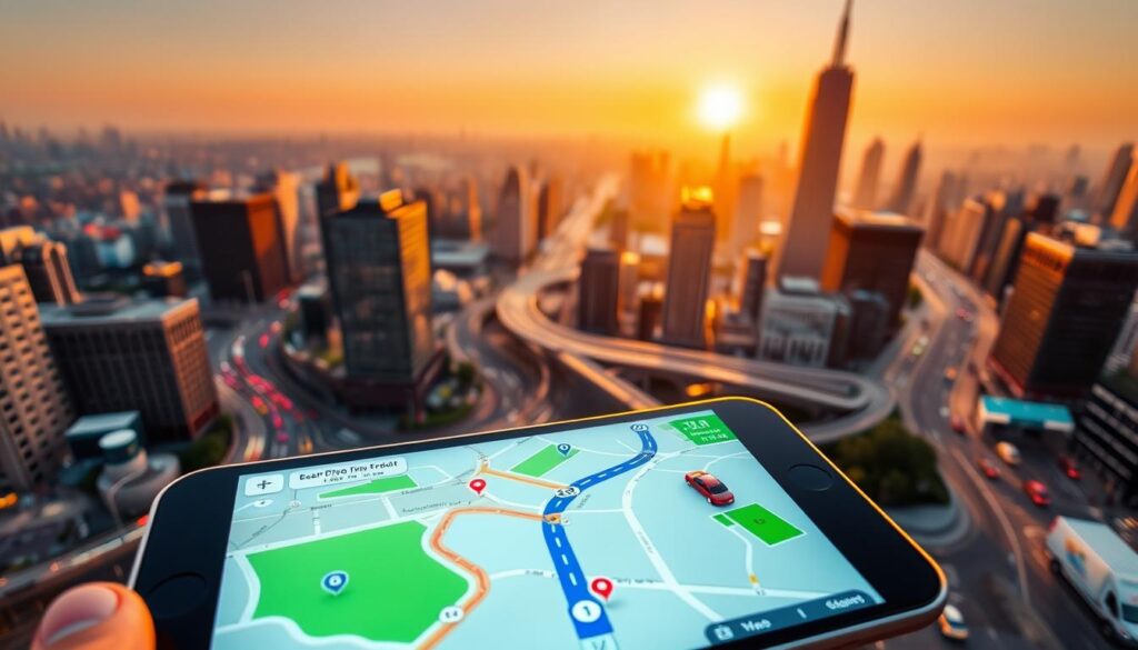 A bustling urban landscape, showcasing the Waze navigation app in action. In the foreground, a vibrant 3D map display illuminates the streets, with animated car icons indicating real-time traffic conditions. The middle ground features a detailed, high-resolution cityscape, with skyscrapers, bridges, and winding roads. In the background, a soft glow from the setting sun bathes the scene in a warm, golden hue, creating an atmospheric and visually striking environment. The lighting is crisp and natural, with subtle shadows and highlights accentuating the depth and dimensionality of the scene. The overall composition conveys a sense of dynamism and interactivity, reflecting the live, data-driven nature of the Waze navigation experience.