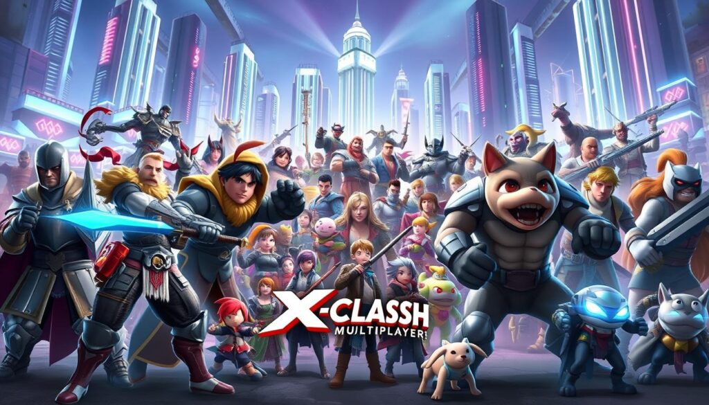 A bustling, vibrant scene of various X-Clash game characters engaged in dynamic multiplayer action. In the foreground, characters from different game genres - a knight, a mage, a futuristic robot, and an animal companion - stand poised for battle, their expressions intense and focused. In the middle ground, a diverse array of playable avatars surround them, representing the breadth of the X-Clash game universe. The background features a stunning, futuristic cityscape with neon lights and towering skyscrapers, hinting at the high-tech, immersive nature of the X-Clash experience. The lighting is dramatic, with sharp contrasts and dynamic shadows, evoking a sense of excitement and energy. The overall composition is dynamic and engaging, drawing the viewer into the vibrant world of X-Clash's multiplayer gaming.