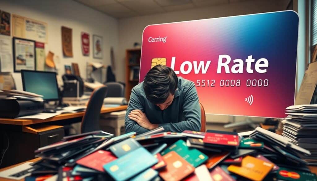 A busy office setting with a desk, computer, and scattered documents. In the foreground, a person sits perplexed, surrounded by a jumble of credit cards, each with a different interest rate. The background features a large, glossy credit card with the words "Low Rate" prominently displayed, casting an ethereal glow. Warm, diffused lighting illuminates the scene, creating a sense of contemplation and subtle confusion. The overall atmosphere conveys the common misconceptions people have about low-rate credit cards and their true costs. A busy office setting with a desk, computer, and scattered documents. In the foreground, a person sits perplexed, surrounded by a jumble of credit cards, each with a different interest rate. The background features a large, glossy credit card with the words "Low Rate" prominently displayed, casting an ethereal glow. Warm, diffused lighting illuminates the scene, creating a sense of contemplation and subtle confusion. The overall atmosphere conveys the common misconceptions people have about low-rate credit cards and their true costs.
