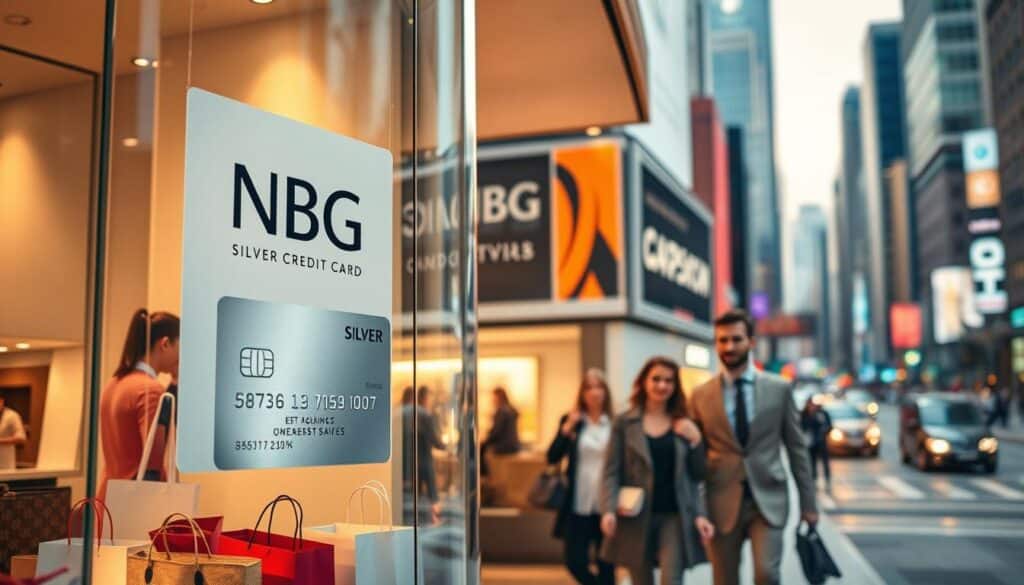 A chic, modern storefront with the NBG Silver Credit Card logo prominently displayed on a sleek glass window. The foreground showcases an array of shopping bags and lifestyle accessories, hinting at the diverse everyday discounts available to cardholders. In the middle ground, a well-dressed couple strolls by, enjoying the vibrant atmosphere and taking advantage of the exclusive NBG Silver Card savings. The background features a bustling city street, with skyscrapers and signage complementing the urban setting. Warm lighting and a sophisticated color palette convey a sense of luxury and convenience, reflecting the core benefits of the NBG Silver Credit Card.