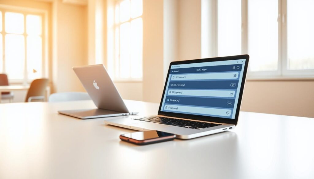A clean, minimalist office desk with a laptop, smartphone, and a sleek password manager app open on the screen. The password manager interface displays a list of Wi-Fi network names and corresponding passwords, organized neatly. Warm, natural lighting filters through large windows, creating a serene, productive atmosphere. The desktop surface is clutter-free, with only the essential tech devices present. The angle is slightly elevated, providing a clear, unobstructed view of the password management tools. The overall scene conveys efficiency, security, and the importance of properly storing and accessing Wi-Fi credentials. A clean, minimalist office desk with a laptop, smartphone, and a sleek password manager app open on the screen. The password manager interface displays a list of Wi-Fi network names and corresponding passwords, organized neatly. Warm, natural lighting filters through large windows, creating a serene, productive atmosphere. The desktop surface is clutter-free, with only the essential tech devices present. The angle is slightly elevated, providing a clear, unobstructed view of the password management tools. The overall scene conveys efficiency, security, and the importance of properly storing and accessing Wi-Fi credentials.