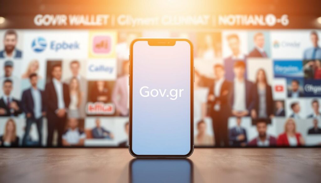 A clean, modern digital wallet interface prominently displayed, showcasing its intuitive design and user-friendly features. In the background, a collage of other popular digital wallet platforms subtly fades, allowing the Gov.gr Wallet to take center stage. The scene is bathed in a warm, inviting lighting, creating a sense of professionalism and trustworthiness. The image conveys the Gov.gr Wallet's seamless functionality and how it stands out among its competitors, highlighting its unique capabilities and potential to boost productivity.