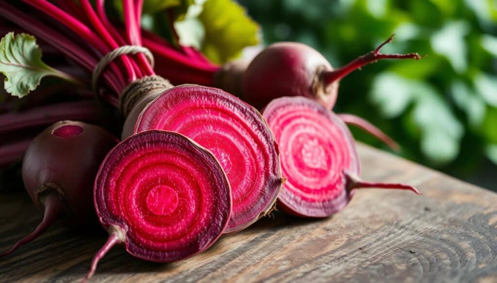 A close-up photograph of beets with vivid crimson flesh, capturing their natural blood-like hue. The beets are arranged neatly on a rustic wooden surface, bathed in soft, natural lighting that accentuates their earthy tones. In the background, a blurred, out-of-focus greenery provides a natural, organic backdrop, hinting at the beets' connection to the earth. The image is shot from a low angle, emphasizing the beets' impressive size and vibrant color, which conveys their potent, blood pressure-lowering properties. The overall mood is one of simplicity, authenticity, and the inherent health benefits of this nutrient-dense root vegetable.