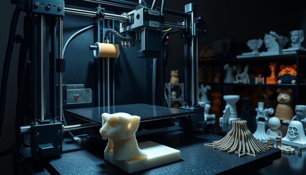 A complex 3D printer with various mechanical parts and components, showcasing common printing issues such as layer misalignment, over-extrusion, and warped surfaces. The printer is illuminated by harsh studio lighting, casting dramatic shadows that accentuate the technical details. The foreground features a partially completed 3D printed object with visible defects, while the background showcases a variety of failed prints in various stages of the printing process. The overall atmosphere conveys a sense of technical complexity and the challenges involved in achieving successful 3D printing outcomes.