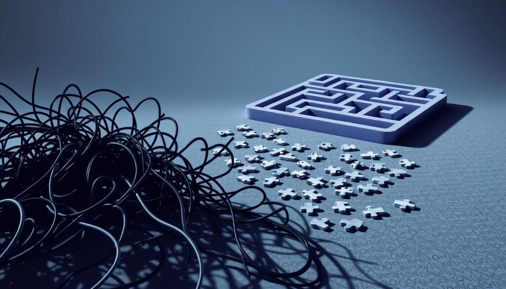 A complex digital transformation landscape with various obstacles and challenges. In the foreground, tangled wires and cables symbolize the technological complexities businesses must navigate. The middle ground depicts scattered puzzle pieces, representing the fragmented nature of digital transformation initiatives. In the background, a maze-like structure looms, suggesting the intricate organizational and cultural changes required. Muted tones of gray, blue, and purple convey a sense of difficulty and uncertainty. Dramatic lighting casts long shadows, emphasizing the imposing nature of these digital transformation challenges.