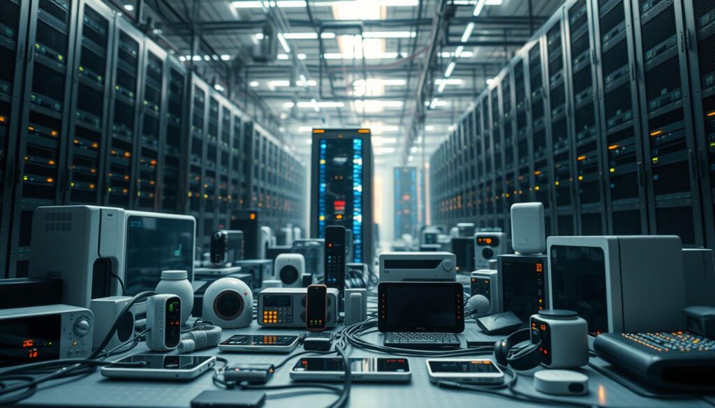 A complex web of interconnected devices, the Internet of Things (IoT) poses intriguing challenges. In the foreground, an array of smart home appliances and wearable tech clash against a backdrop of towering data centers and pulsing server racks. Amidst the sleek surfaces, glowing indicator lights, and seamless interfaces, subtle signs of vulnerability emerge - weak points in security, privacy concerns, and the potential for system failures. The lighting casts a pensive, almost ominous, glow, hinting at the hidden risks and responsibilities that accompany this technological revolution. Rendered in a realistic, high-detail style, the scene conveys the promise and peril of the IoT, reflecting the complexities and challenges that must be navigated as this future unfolds.