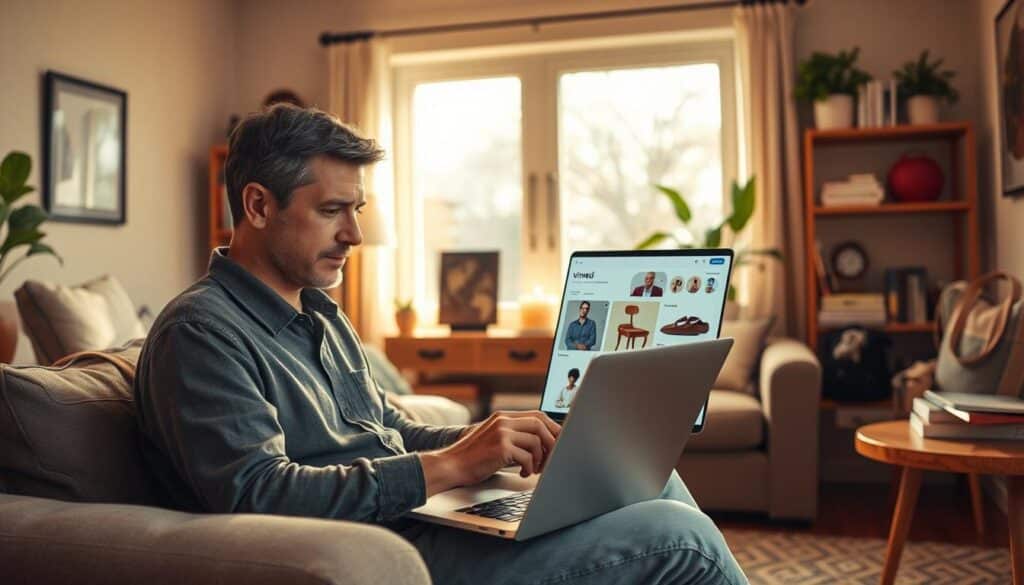 A cozy, well-lit living room setting, with a user reviewing items on a laptop screen, surrounded by various Vinted products neatly arranged on shelves and side tables. Warm, natural lighting from a large window casts a soft glow, creating an inviting and productive atmosphere. The user's expression is one of thoughtful contemplation as they carefully assess the quality and condition of the items. In the background, a bookshelf and potted plants add a sense of coziness and homeliness, reflecting the personal nature of the Vinted experience. The overall scene conveys a sense of trust, reliability, and community associated with the platform. A cozy, well-lit living room setting, with a user reviewing items on a laptop screen, surrounded by various Vinted products neatly arranged on shelves and side tables. Warm, natural lighting from a large window casts a soft glow, creating an inviting and productive atmosphere. The user's expression is one of thoughtful contemplation as they carefully assess the quality and condition of the items. In the background, a bookshelf and potted plants add a sense of coziness and homeliness, reflecting the personal nature of the Vinted experience. The overall scene conveys a sense of trust, reliability, and community associated with the platform.