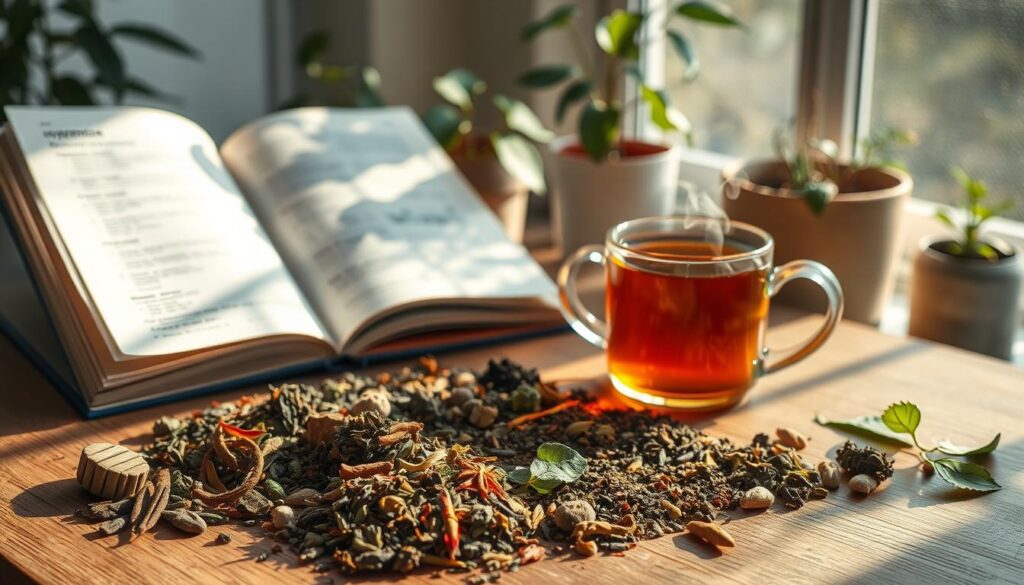 A cozy, well-lit scene depicting the safety considerations and potential interactions of herbal teas for managing high blood pressure. In the foreground, a collection of various tea leaves, herbs, and spices are neatly arranged on a wooden table, casting warm shadows. In the middle ground, a steaming mug of tea sits next to a medical reference book open to a page about hypertension. The background showcases a tranquil, natural setting with potted plants and soft, diffused lighting, conveying a sense of balance and serenity. The overall atmosphere is one of informed, holistic wellness, guiding the viewer towards safe and effective tea-based remedies for managing high blood pressure. A cozy, well-lit scene depicting the safety considerations and potential interactions of herbal teas for managing high blood pressure. In the foreground, a collection of various tea leaves, herbs, and spices are neatly arranged on a wooden table, casting warm shadows. In the middle ground, a steaming mug of tea sits next to a medical reference book open to a page about hypertension. The background showcases a tranquil, natural setting with potted plants and soft, diffused lighting, conveying a sense of balance and serenity. The overall atmosphere is one of informed, holistic wellness, guiding the viewer towards safe and effective tea-based remedies for managing high blood pressure.