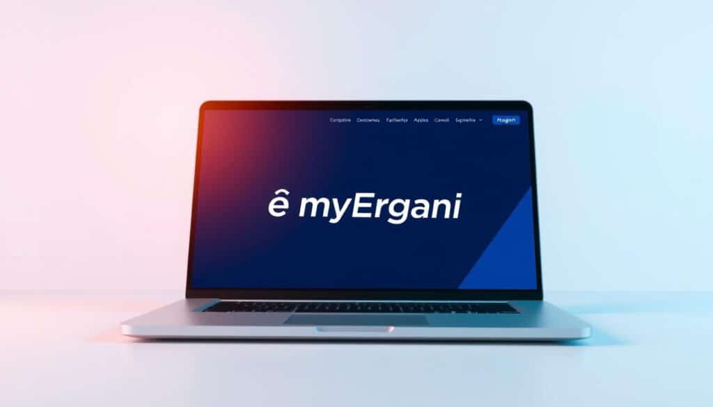 A crisp, high-resolution digital illustration showcasing the user interface of the myErgani platform on a modern, sleek laptop screen. The screen displays the "εγγραφή myErgani" header in a bold, legible Greek typeface, surrounded by a clean, minimalist layout with intuitive navigation elements. The foreground features a neutral-toned, minimalist laptop mockup, angled slightly to the side to provide an immersive, user-centric perspective. The middle ground consists of a subtle, blurred background that conveys a sense of professionalism and digital sophistication, with hints of the Greek flag's colors subtly incorporated into the design. The overall mood is one of simplicity, clarity, and ease of use, reflecting the platform's purpose of facilitating business registration and management.