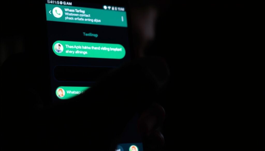 A dark, dimly lit WhatsApp chat interface with a suspicious-looking message from an unknown contact. The foreground features a close-up of a smartphone screen, showing the chat bubbles, but the message text is obscured, hinting at the deceptive nature of the "phishing" attempt. In the middle ground, a hand holding the device, fingers partially covering the screen, suggesting the user's hesitation and uncertainty. The background is blurred, creating a sense of isolation and unease. The lighting is low-key, with shadows and highlights that add to the ominous atmosphere. The overall mood evokes a sense of caution and the need to be vigilant against online scams targeting popular messaging apps. A dark, dimly lit WhatsApp chat interface with a suspicious-looking message from an unknown contact. The foreground features a close-up of a smartphone screen, showing the chat bubbles, but the message text is obscured, hinting at the deceptive nature of the "phishing" attempt. In the middle ground, a hand holding the device, fingers partially covering the screen, suggesting the user's hesitation and uncertainty. The background is blurred, creating a sense of isolation and unease. The lighting is low-key, with shadows and highlights that add to the ominous atmosphere. The overall mood evokes a sense of caution and the need to be vigilant against online scams targeting popular messaging apps.