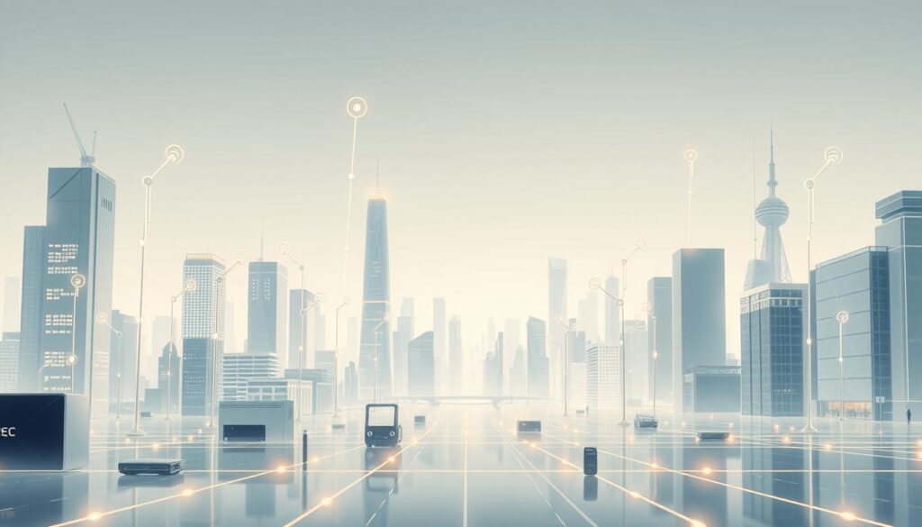 A detailed conceptual illustration of the Internet of Things (IoT) and its functionality. A futuristic, minimalist cityscape with sleek, interconnected devices and sensors in the foreground, middle, and background. Soft, diffused lighting casts a warm, inviting glow, emphasizing the seamless integration of technology into everyday life. Subtle hints of data flow and wireless connectivity create a sense of dynamic harmony. The composition should convey the ubiquity, efficiency, and potential of IoT to enhance and simplify modern living.