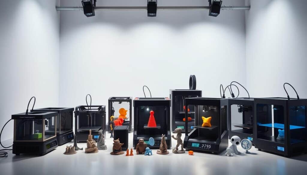A detailed group of 3D printer models arranged in a well-lit, modern studio setting. The printers are displayed in the foreground, showcasing their unique designs and features, with a clean white backdrop providing focus. The middle ground features various 3D printed objects, highlighting the versatility of these machines. Subtle shadows and ambient lighting create depth and a professional, technical atmosphere. The overall composition emphasizes the diversity and capabilities of 3D printing technology.