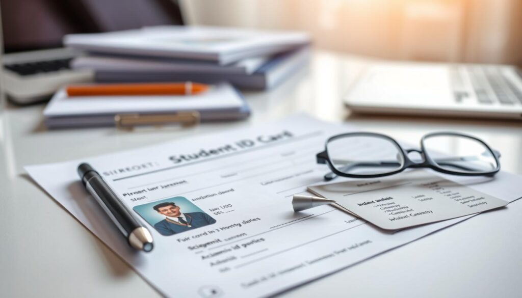 A detailed, high-resolution image of a student ID card application form. The form is laid out on a clean, well-lit desk, with a pen, a pair of glasses, and a student ID card visible in the foreground. The middle ground features a stack of documents and a laptop, suggesting a study or administrative setting. The background is softly blurred, conveying a sense of focus on the application form. The form should appear official, with clear sections for personal information, academic details, and signatures. The overall mood is one of professionalism and attention to detail, reflecting the importance of the student ID card application process. A detailed, high-resolution image of a student ID card application form. The form is laid out on a clean, well-lit desk, with a pen, a pair of glasses, and a student ID card visible in the foreground. The middle ground features a stack of documents and a laptop, suggesting a study or administrative setting. The background is softly blurred, conveying a sense of focus on the application form. The form should appear official, with clear sections for personal information, academic details, and signatures. The overall mood is one of professionalism and attention to detail, reflecting the importance of the student ID card application process.
