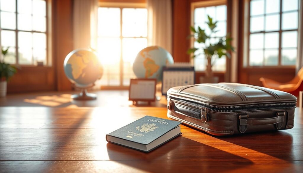 A detailed illustration of comprehensive travel insurance coverage. In the foreground, a traveler's luggage and passport sit atop a polished wooden table, casting soft shadows. The middle ground features a globe and a calendar, symbolizing the global reach and temporal nature of travel. In the background, a warm, inviting interior with large windows allows natural light to flood the scene, creating a sense of security and comfort. The image should convey the peace of mind and protection provided by comprehensive travel insurance, with a subtle, professional aesthetic suitable for an informative article.