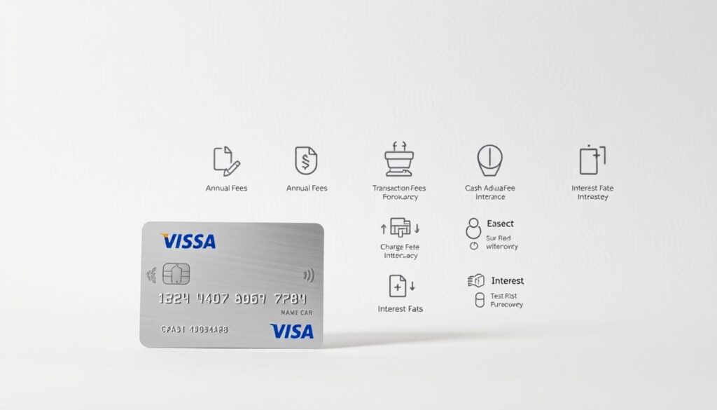 A detailed illustration of the various fees, interest rates, and charges associated with a Visa Classic credit card. The image should depict a clean and organized layout showcasing the key financial information in a visually appealing manner. The foreground should feature a sleek, metallic Visa Classic card against a light, minimalist background. In the middle ground, various icons and infographic elements should clearly communicate the different types of charges, such as annual fees, transaction fees, cash advance fees, and interest rates. The background should have a subtle, refined texture to create a sense of professionalism and sophistication. Soft, directional lighting should be used to add depth and highlight the important details. The overall mood should convey a sense of clarity, reliability, and financial responsibility.