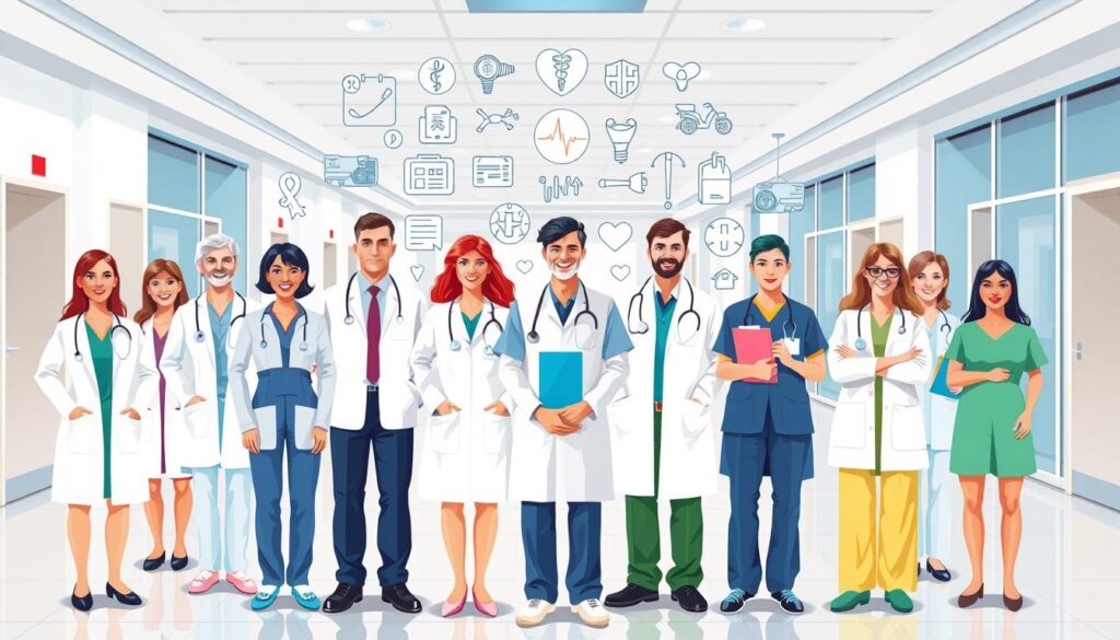 A detailed illustration of various healthcare providers, depicted in a clean and organized layout. In the foreground, a group of professional medical figures - physicians, nurses, therapists, and specialists - stand in a hospital setting, dressed in their respective uniforms and displaying a sense of expertise and approachability. The middle ground features an array of medical symbols and icons, representing the diverse range of healthcare services. The background showcases a modern, well-equipped medical facility, with crisp lighting and a calming, neutral color palette to convey a sense of professionalism and trust. The overall composition aims to visually communicate the breadth and accessibility of healthcare options available to the viewer. A detailed illustration of various healthcare providers, depicted in a clean and organized layout. In the foreground, a group of professional medical figures - physicians, nurses, therapists, and specialists - stand in a hospital setting, dressed in their respective uniforms and displaying a sense of expertise and approachability. The middle ground features an array of medical symbols and icons, representing the diverse range of healthcare services. The background showcases a modern, well-equipped medical facility, with crisp lighting and a calming, neutral color palette to convey a sense of professionalism and trust. The overall composition aims to visually communicate the breadth and accessibility of healthcare options available to the viewer.