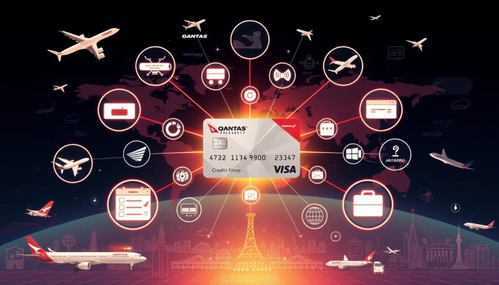 A detailed, photorealistic illustration of the Qantas Frequent Flyer ecosystem, showcasing its various components and their interrelationships. The foreground depicts a centralized Qantas Frequent Flyer card, surrounded by a constellation of interconnected icons representing Qantas flights, partner airlines, credit cards, retail partners, and reward redemption options. The middle ground features sleek, modern illustrations of airplanes, airports, and digital interfaces, all bathed in a warm, golden light. The background suggests a global network, with a stylized world map and data visualizations highlighting the reach and scale of the Qantas Frequent Flyer program. The overall composition conveys a sense of comprehensive integration, efficiency, and the value-driven opportunities within the Qantas Frequent Flyer ecosystem.