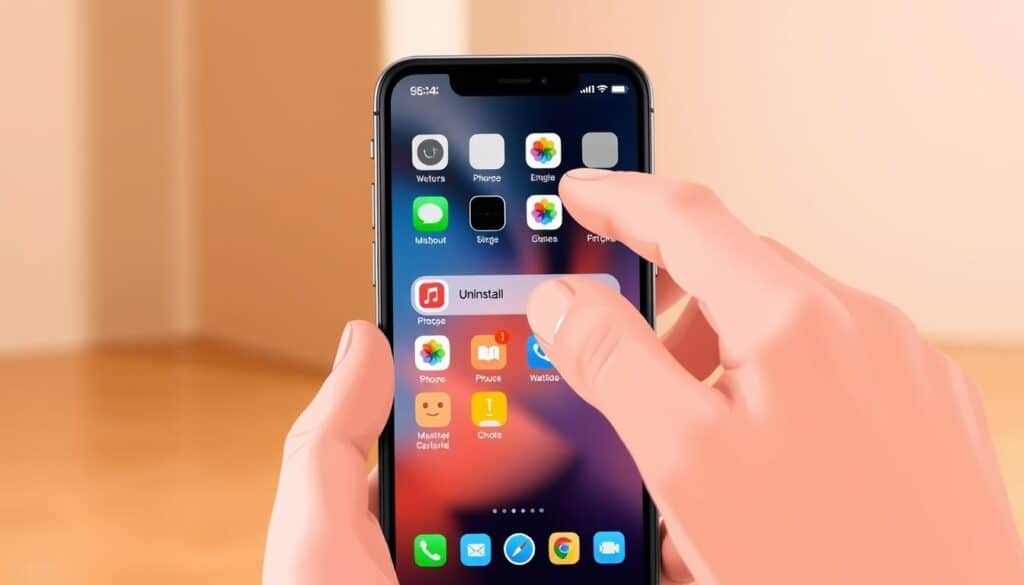 A detailed, step-by-step illustration of a mobile phone screen, depicting the process of uninstalling apps. The foreground shows a hand pinching and dragging an app icon towards the "Uninstall" option at the top of the screen. The middle ground features the phone's home screen layout with various app icons. The background showcases a slightly blurred, minimalist environment, with soft, warm lighting creating a calm, intuitive atmosphere. The composition emphasizes the ease and simplicity of the uninstallation process, inviting the viewer to confidently navigate their device. A detailed, step-by-step illustration of a mobile phone screen, depicting the process of uninstalling apps. The foreground shows a hand pinching and dragging an app icon towards the "Uninstall" option at the top of the screen. The middle ground features the phone's home screen layout with various app icons. The background showcases a slightly blurred, minimalist environment, with soft, warm lighting creating a calm, intuitive atmosphere. The composition emphasizes the ease and simplicity of the uninstallation process, inviting the viewer to confidently navigate their device.