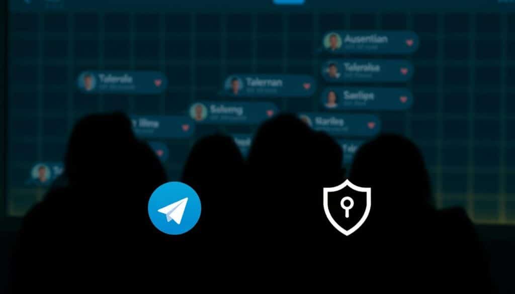 A dimly lit Telegram group chat, with users' avatars and names discretely shown. In the foreground, a padlock icon and a privacy shield symbol, conveying the sense of secure communication. The background features a subtle grid pattern, suggesting the interconnected nature of the group. Soft, warm lighting creates a cozy, intimate atmosphere, while the overall composition emphasizes the privacy and discretion of the group interaction. The image captures the essence of Telegram's privacy-focused messaging capabilities within a large group setting.