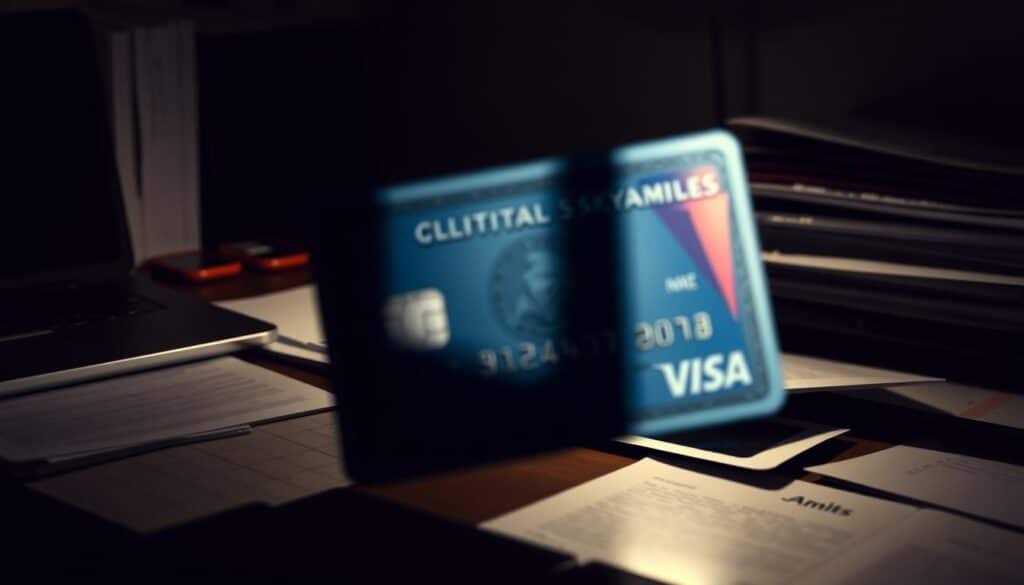 A dimly lit, cluttered office desk with a laptop, papers, and a partially obscured Delta SkyMiles Amex card. The card's expiration date is the focal point, appearing blurry and ominous, casting a subtle shadow across the desk. The atmosphere is one of disorganization and unease, hinting at the potential "gotchas" associated with the rewards program. Soft, directional lighting creates dramatic shadows, emphasizing the importance of fine print and hidden fees. The overall mood is contemplative, urging the viewer to examine the details carefully before making a decision. A dimly lit, cluttered office desk with a laptop, papers, and a partially obscured Delta SkyMiles Amex card. The card's expiration date is the focal point, appearing blurry and ominous, casting a subtle shadow across the desk. The atmosphere is one of disorganization and unease, hinting at the potential "gotchas" associated with the rewards program. Soft, directional lighting creates dramatic shadows, emphasizing the importance of fine print and hidden fees. The overall mood is contemplative, urging the viewer to examine the details carefully before making a decision.