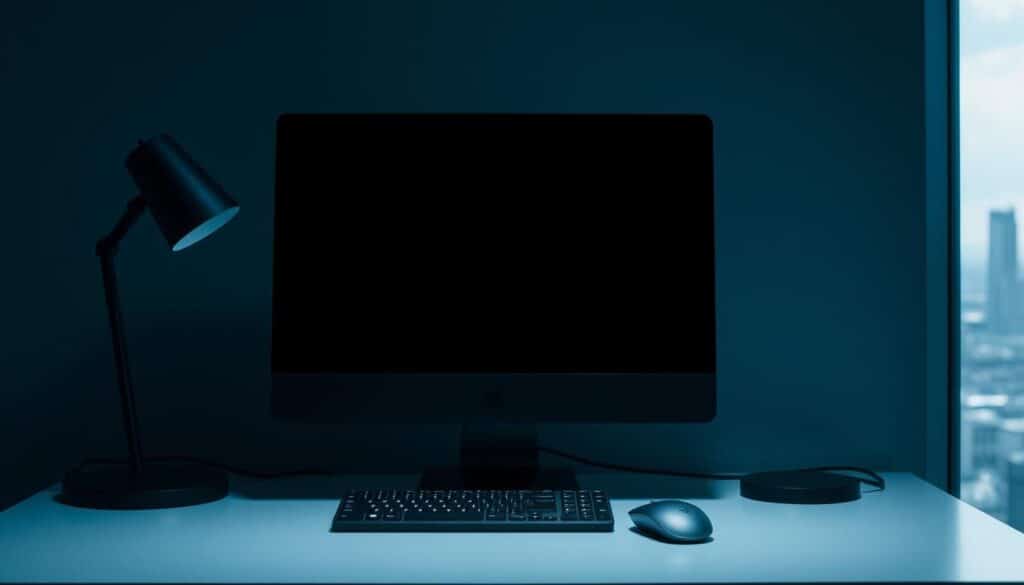 A dimly lit, minimalist workspace with a sleek, dark-themed computer setup. The monitor displays a clean, high-contrast interface with intuitive accessibility controls. Diffused lighting emanates from a carefully positioned desk lamp, creating a soothing, eye-friendly ambiance. The keyboard and mouse are in a complementary dark color scheme, seamlessly blending into the environment. In the background, a softly blurred cityscape or nature scene provides a calming backdrop, conveying a sense of balance and tranquility. The overall scene exudes a refined, professional aesthetic that prioritizes visual comfort and productivity. A dimly lit, minimalist workspace with a sleek, dark-themed computer setup. The monitor displays a clean, high-contrast interface with intuitive accessibility controls. Diffused lighting emanates from a carefully positioned desk lamp, creating a soothing, eye-friendly ambiance. The keyboard and mouse are in a complementary dark color scheme, seamlessly blending into the environment. In the background, a softly blurred cityscape or nature scene provides a calming backdrop, conveying a sense of balance and tranquility. The overall scene exudes a refined, professional aesthetic that prioritizes visual comfort and productivity.