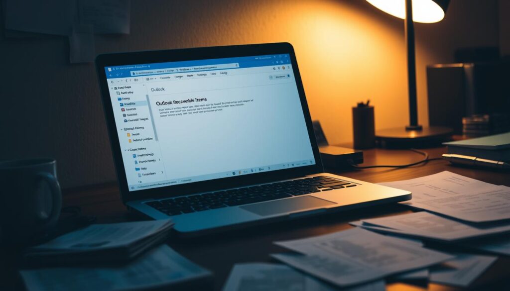 A dimly lit office desk with a laptop displaying the "Outlook Recoverable Items" folder, surrounded by scattered papers and a mug of coffee. The laptop screen is the focal point, showcasing the familiar Outlook interface with the Recoverable Items section highlighted. The lighting is warm and cozy, creating a contemplative atmosphere. The desk is cluttered, reflecting the user's efforts to recover important deleted emails. The overall scene conveys the urgency and importance of the email recovery process. A dimly lit office desk with a laptop displaying the "Outlook Recoverable Items" folder, surrounded by scattered papers and a mug of coffee. The laptop screen is the focal point, showcasing the familiar Outlook interface with the Recoverable Items section highlighted. The lighting is warm and cozy, creating a contemplative atmosphere. The desk is cluttered, reflecting the user's efforts to recover important deleted emails. The overall scene conveys the urgency and importance of the email recovery process.