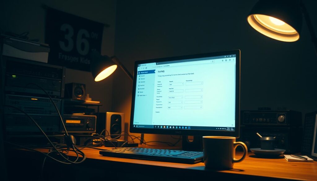 A dimly lit office setting, with a computer screen prominently displayed. The screen shows a DNS configuration interface, indicating the process of changing DNS settings to optimize internet speed. The desk is cluttered with technical equipment, cables, and a cup of coffee, conveying a focused, technical atmosphere. Soft, warm lighting illuminates the scene, creating a contemplative mood. The angle is slightly elevated, giving the viewer a sense of oversight and control over the technical process. The overall composition emphasizes the importance of network optimization for power users seeking to boost their web speed. A dimly lit office setting, with a computer screen prominently displayed. The screen shows a DNS configuration interface, indicating the process of changing DNS settings to optimize internet speed. The desk is cluttered with technical equipment, cables, and a cup of coffee, conveying a focused, technical atmosphere. Soft, warm lighting illuminates the scene, creating a contemplative mood. The angle is slightly elevated, giving the viewer a sense of oversight and control over the technical process. The overall composition emphasizes the importance of network optimization for power users seeking to boost their web speed.