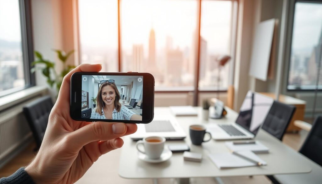 A dynamic, professional-looking business scene with a person using Snapchat on a smartphone. The foreground features the person's hands holding the phone, showcasing Snapchat's user interface and AR filters. The middle ground displays a workspace with a laptop, coffee mug, and office supplies, conveying a modern, creative business environment. The background depicts a vibrant city skyline, suggesting the global reach and impact of Snapchat for businesses. The lighting is soft and natural, creating a warm, inviting atmosphere. The overall composition highlights Snapchat's versatility and potential for engaging audiences in a professional setting. A dynamic, professional-looking business scene with a person using Snapchat on a smartphone. The foreground features the person's hands holding the phone, showcasing Snapchat's user interface and AR filters. The middle ground displays a workspace with a laptop, coffee mug, and office supplies, conveying a modern, creative business environment. The background depicts a vibrant city skyline, suggesting the global reach and impact of Snapchat for businesses. The lighting is soft and natural, creating a warm, inviting atmosphere. The overall composition highlights Snapchat's versatility and potential for engaging audiences in a professional setting.
