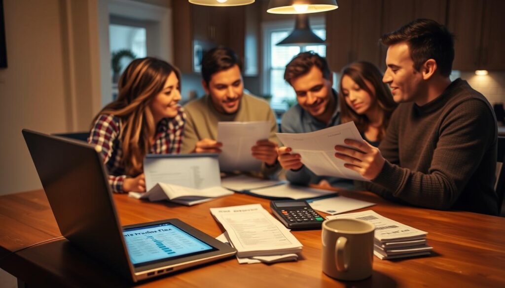 A family sitting around a kitchen table, reviewing their monthly statements and discussing cashback strategies. Warm lighting from above casts a cozy glow, highlighting the engaged expressions as they pore over financial documents. In the foreground, a laptop displays a spreadsheet tracking their Chase Freedom Flex card purchases and 5% category rewards. The middle ground features stacks of receipts, a calculator, and a mug of coffee, creating a sense of active financial planning. The background softly blurs, conveying a domestic, comfortable atmosphere conducive to thoughtful money management.