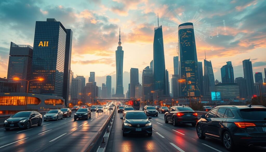 A futuristic cityscape emerges, skylines touched by the glow of advanced technologies. In the foreground, sleek autonomous vehicles glide along seamless roads, while in the middle ground, towering skyscrapers housing cutting-edge AI research laboratories reach towards a sky tinted with the hues of a tomorrow beyond our current imagination. The background is a tapestry of interconnected systems, data streams, and holographic projections, all working in harmony to create a vision of the future where artificial intelligence and automation have transformed the urban landscape. The scene is illuminated by a warm, diffused lighting, capturing the sense of progress and innovation that permeates this vision of the years to come.