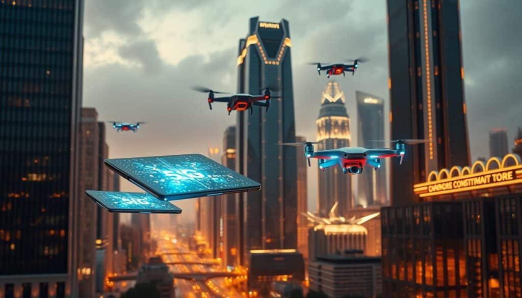 A futuristic cityscape of sleek, interconnected 5G devices seamlessly blending into the urban landscape. In the foreground, a group of ultra-thin, foldable smartphones and tablets hover mid-air, their holographic displays casting a mesmerizing glow. In the middle ground, autonomous drones and flying cars zip through the skyline, powered by lightning-fast 5G connectivity. The background features towering skyscrapers adorned with gleaming, futuristic architectural elements, hinting at the advanced infrastructure supporting this cutting-edge 5G ecosystem. Warm, diffused lighting bathes the scene, creating a sense of wonder and technological progress. An atmosphere of innovation and interconnectivity permeates the image, showcasing the boundless potential of 5G devices and networks. A futuristic cityscape of sleek, interconnected 5G devices seamlessly blending into the urban landscape. In the foreground, a group of ultra-thin, foldable smartphones and tablets hover mid-air, their holographic displays casting a mesmerizing glow. In the middle ground, autonomous drones and flying cars zip through the skyline, powered by lightning-fast 5G connectivity. The background features towering skyscrapers adorned with gleaming, futuristic architectural elements, hinting at the advanced infrastructure supporting this cutting-edge 5G ecosystem. Warm, diffused lighting bathes the scene, creating a sense of wonder and technological progress. An atmosphere of innovation and interconnectivity permeates the image, showcasing the boundless potential of 5G devices and networks.
