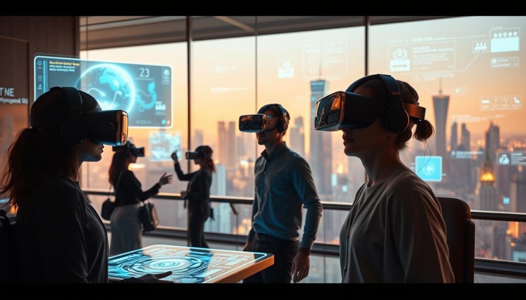 A futuristic scene of virtual and augmented reality applications in use. In the foreground, holographic displays and interactive interfaces emerge from sleek, minimalist devices. The middle ground features users immersed in VR headsets, their movements tracked by advanced motion capture systems. In the background, a cityscape blends seamlessly with AR overlays, offering navigation, information, and entertainment. Warm, diffused lighting creates a sense of depth and atmosphere, while a cool, technological color palette dominates. Dramatic camera angles and a dynamic, cinematic composition capture the power and potential of these emerging technologies.