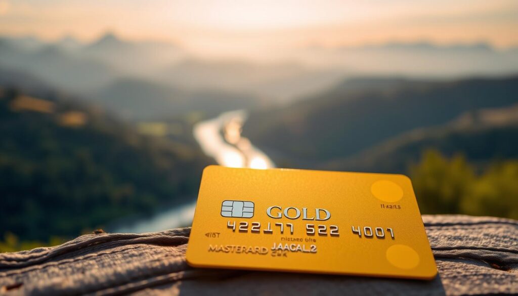 A gleaming Mastercard Gold card rests against a backdrop of serene landscapes, capturing the essence of carefree travel. The card's metallic sheen reflects the warm, golden hues of the setting sun, casting a tranquil ambiance. In the foreground, a stylized compass icon suggests the card's ability to guide the user through their journeys, while a subtle shadow adds depth and dimension to the composition. The middle ground features a blurred, picturesque vista of rolling hills, lush forests, and a winding river, evoking a sense of adventurous exploration. The background is a softly blurred, panoramic view of a breathtaking mountainous landscape, bathed in a gentle, golden glow, conveying a feeling of peace and relaxation. The overall scene exudes a sense of luxury, discovery, and the seamless integration of financial security and travel experiences.
