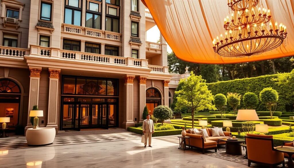 A grand hotel facade stands tall, adorned with ornate architectural details and a regal entrance. The lobby exudes sophistication, with plush furnishings, gleaming chandeliers, and a welcoming ambiance. In the background, a lush, manicured garden sets the stage for tranquil relaxation. Warm, golden lighting creates a cozy, inviting atmosphere, while the clean lines and elegant design elements convey a sense of refined luxury. The image reflects the premium hotel benefits and elite status credits offered by the Amex Platinum Card, showcasing the exceptional accommodations and experiences that cardholders can enjoy. A grand hotel facade stands tall, adorned with ornate architectural details and a regal entrance. The lobby exudes sophistication, with plush furnishings, gleaming chandeliers, and a welcoming ambiance. In the background, a lush, manicured garden sets the stage for tranquil relaxation. Warm, golden lighting creates a cozy, inviting atmosphere, while the clean lines and elegant design elements convey a sense of refined luxury. The image reflects the premium hotel benefits and elite status credits offered by the Amex Platinum Card, showcasing the exceptional accommodations and experiences that cardholders can enjoy.