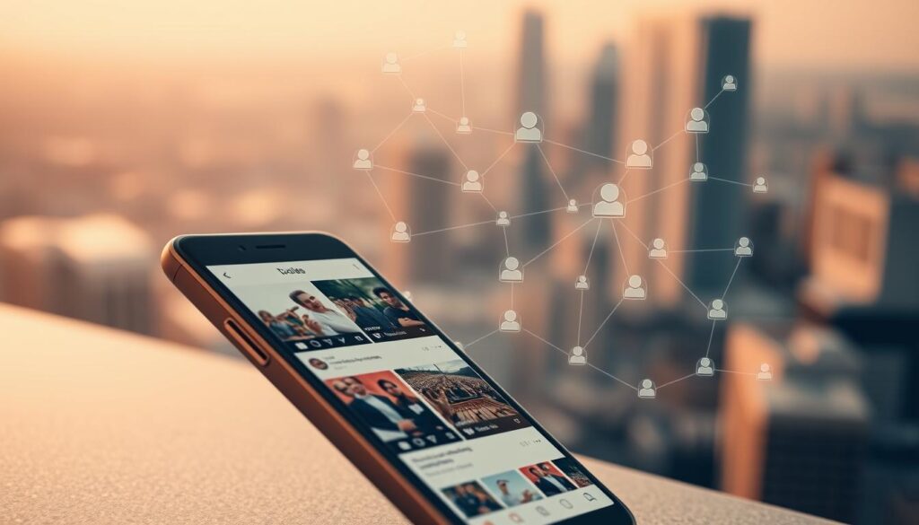 A high-contrast, visually striking image showcasing a curated social media feed. The foreground features a clean, modern smartphone interface with a grid layout displaying a variety of images and posts on topics like current events, lifestyle, and entertainment. The middle ground depicts a network of interconnected users, icons, and trending hashtags, conveying the sense of a dynamic, engaging digital community. The background is a subtly blurred cityscape, hinting at the global reach and real-world impact of this curated experience. Warm lighting and a muted color palette evoke a sense of professionalism and curation. Angles are slightly tilted to add visual interest and dynamism to the composition. A high-contrast, visually striking image showcasing a curated social media feed. The foreground features a clean, modern smartphone interface with a grid layout displaying a variety of images and posts on topics like current events, lifestyle, and entertainment. The middle ground depicts a network of interconnected users, icons, and trending hashtags, conveying the sense of a dynamic, engaging digital community. The background is a subtly blurred cityscape, hinting at the global reach and real-world impact of this curated experience. Warm lighting and a muted color palette evoke a sense of professionalism and curation. Angles are slightly tilted to add visual interest and dynamism to the composition.