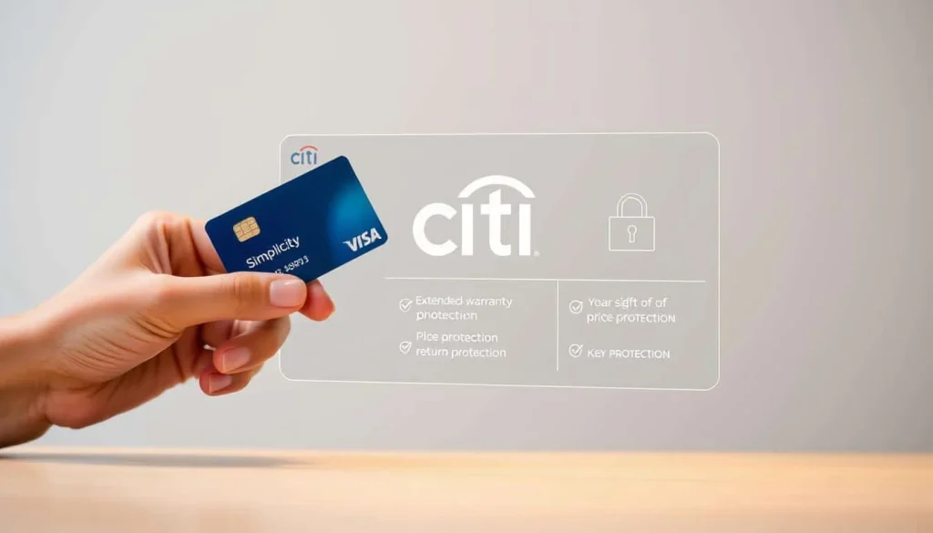 A high-quality image of "Citi purchase protection" that aligns with the article's subject and section title. In the foreground, a customer's hands hold a Citi Simplicity credit card, the card's surface reflecting a soft, warm light. The middle ground features a transparent overlay displaying the Citi purchase protection logo and key benefits, such as extended warranty, price protection, and return protection. The background is a minimalist, low-key setting with a subtle pattern or texture, conveying a sense of security and reliability. Lighting is soft and diffused, creating a clean, elegant aesthetic that complements the Citi brand identity.