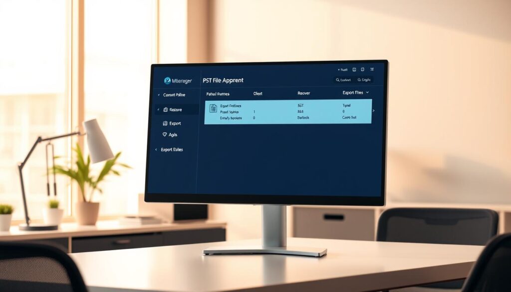A high-resolution, photorealistic image of a computer monitor displaying a PST file management interface. The monitor is positioned on a sleek, minimalist desk in a well-lit, modern office setting. The interface shows options to restore, recover, and export PST files, with clean, intuitive menus and controls. The lighting is warm and natural, creating a calm, professional atmosphere. The camera angle is slightly elevated, capturing the monitor at a slight angle to showcase the user-friendly design. The overall scene conveys a sense of efficiency, organization, and the ability to easily retrieve and restore important digital data. A high-resolution, photorealistic image of a computer monitor displaying a PST file management interface. The monitor is positioned on a sleek, minimalist desk in a well-lit, modern office setting. The interface shows options to restore, recover, and export PST files, with clean, intuitive menus and controls. The lighting is warm and natural, creating a calm, professional atmosphere. The camera angle is slightly elevated, capturing the monitor at a slight angle to showcase the user-friendly design. The overall scene conveys a sense of efficiency, organization, and the ability to easily retrieve and restore important digital data.