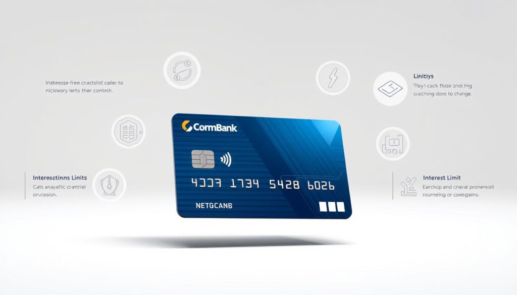 A high-resolution, visually striking illustration showcasing the key features and limits of the CommBank Neo Card. Set against a clean, minimalist background, the foreground depicts the Neo Card itself, rendered in vivid detail with sharp lines and a sleek, metallic finish. Hovering around the card are a series of floating icons and infographic elements, clearly communicating the card's interest-free nature, transaction limits, and other essential control features. The overall composition is balanced and impactful, conveying a sense of modern, digital-savvy financial empowerment. The lighting is soft and diffused, creating a sense of depth and highlighting the card's sophisticated design. The angle is slightly elevated, giving the viewer a dynamic, authoritative perspective on the subject matter.