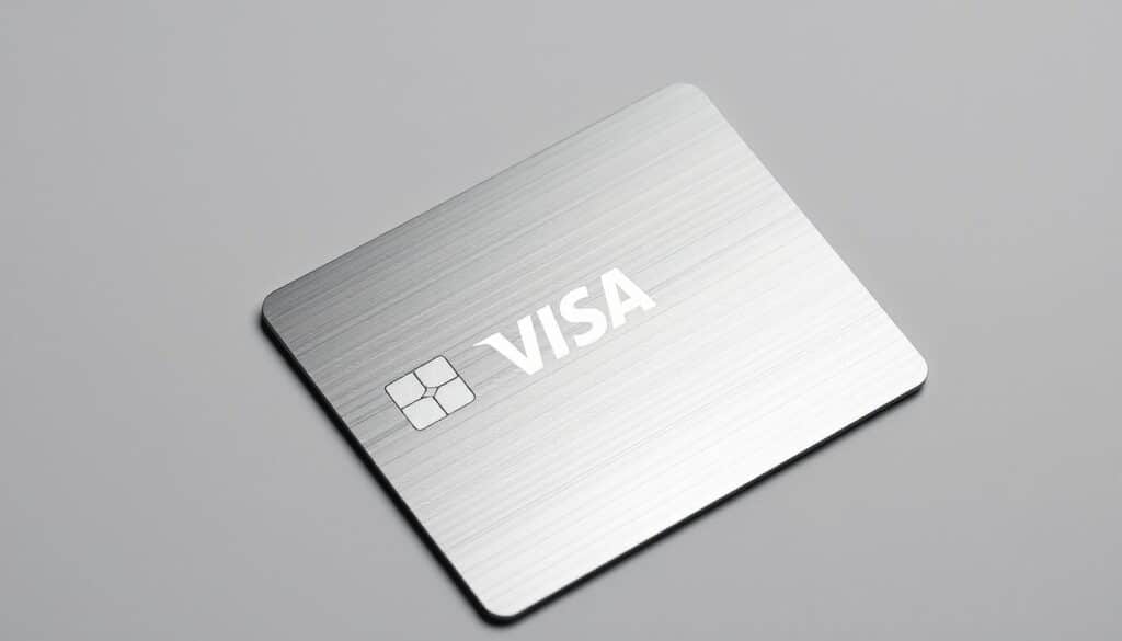 A high-security Visa card with a sleek, minimalist design. The card's surface reflects a subtle metallic sheen, conveying a sense of quality and reliability. The edges are sharply defined, suggesting precise manufacturing. In the center, the Visa logo stands out prominently, conveying trust and recognition. The background is a muted, neutral tone, allowing the card's design elements to take the spotlight. Soft, directional lighting casts gentle shadows, highlighting the card's contours and adding depth to the composition. The overall mood is one of sophistication, security, and confidence - qualities that would instill a sense of assurance in the viewer.