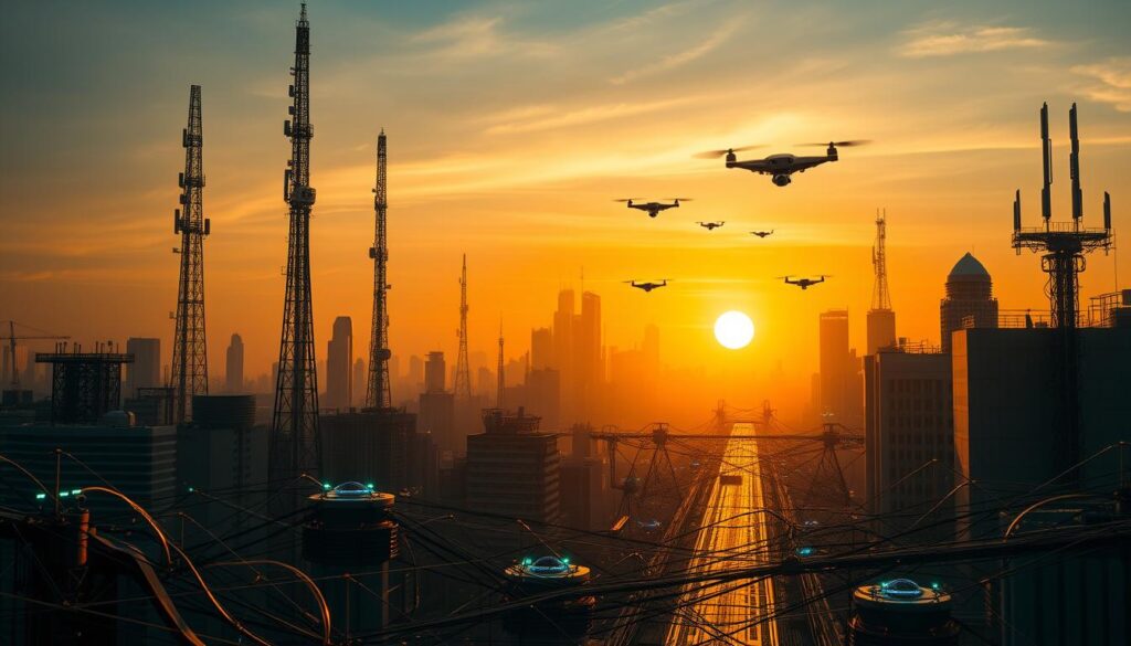 A high-tech cityscape at dusk, with towering 5G cell towers and futuristic buildings bathed in a warm, golden glow. In the foreground, a complex web of data cables and antennas symbolize the challenges of 5G network deployment, while in the background, the silhouettes of drones and autonomous vehicles hint at the technological advancements enabled by this new wireless standard. The scene conveys a sense of progress and innovation, but also the technical hurdles that must be overcome to realize the full potential of 5G technology. A high-tech cityscape at dusk, with towering 5G cell towers and futuristic buildings bathed in a warm, golden glow. In the foreground, a complex web of data cables and antennas symbolize the challenges of 5G network deployment, while in the background, the silhouettes of drones and autonomous vehicles hint at the technological advancements enabled by this new wireless standard. The scene conveys a sense of progress and innovation, but also the technical hurdles that must be overcome to realize the full potential of 5G technology.