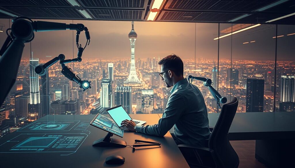 A high-tech office scene with a human worker collaborating with an AI assistant. In the foreground, the worker sits at a sleek, minimalist desk, focused on a holographic display. Surrounding them, intelligent robotic arms and sensors assist with various tasks. The middle ground features abstract data visualizations and holographic interfaces, showcasing the seamless integration of AI and human workflows. The background depicts a sprawling cityscape, with futuristic skyscrapers and glowing technological infrastructure, representing the broader impact of AI in the modern workplace. The scene is bathed in a warm, muted color palette, creating a sense of productivity and efficiency. Cinematic lighting from overhead and side angles highlights the collaborative nature of human-AI interactions. A high-tech office scene with a human worker collaborating with an AI assistant. In the foreground, the worker sits at a sleek, minimalist desk, focused on a holographic display. Surrounding them, intelligent robotic arms and sensors assist with various tasks. The middle ground features abstract data visualizations and holographic interfaces, showcasing the seamless integration of AI and human workflows. The background depicts a sprawling cityscape, with futuristic skyscrapers and glowing technological infrastructure, representing the broader impact of AI in the modern workplace. The scene is bathed in a warm, muted color palette, creating a sense of productivity and efficiency. Cinematic lighting from overhead and side angles highlights the collaborative nature of human-AI interactions.